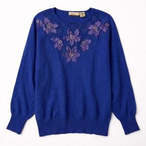 Grannycore Grandmacore Vintage Plus Size 18W Cobalt Blue 80s/90s Beaded Sweater